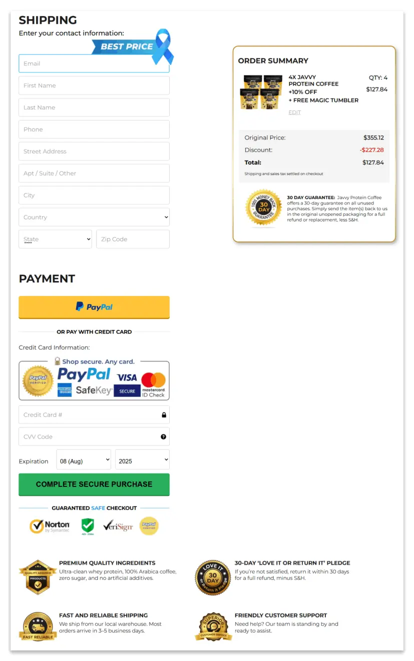 Javvy Protein Coffee Secure Checkout Page